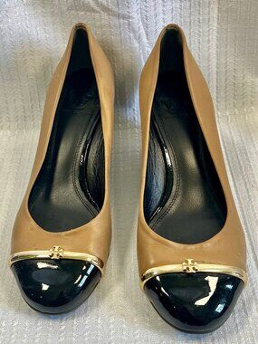 Tory Burch Pacey Cap-Toe Wedge Pumps Tan 7.5 M